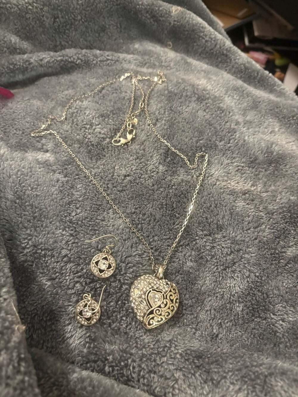 Brighton Heart Locket Pendant Necklace and Earrings Set Silver Tone